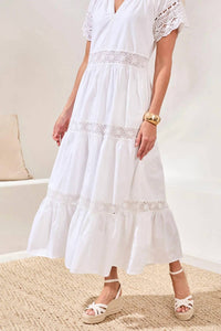 TRIBAL Cotton Poplin Lace-trim Tiered V-neck Maxi Dress in white - women's dress - alternate view