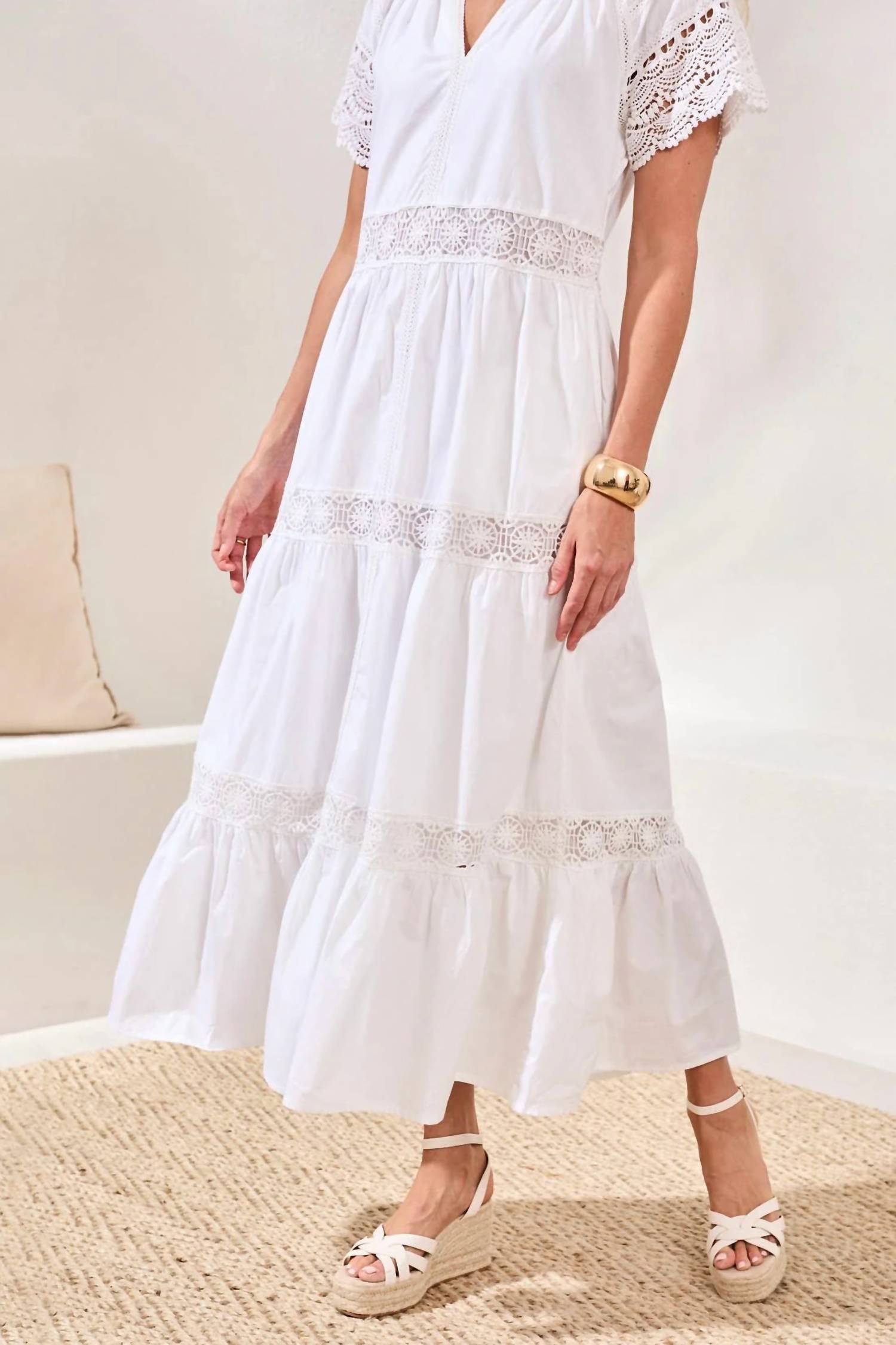 TRIBAL Cotton Poplin Lace-trim Tiered V-neck Maxi Dress in white - women's dress - alternate view