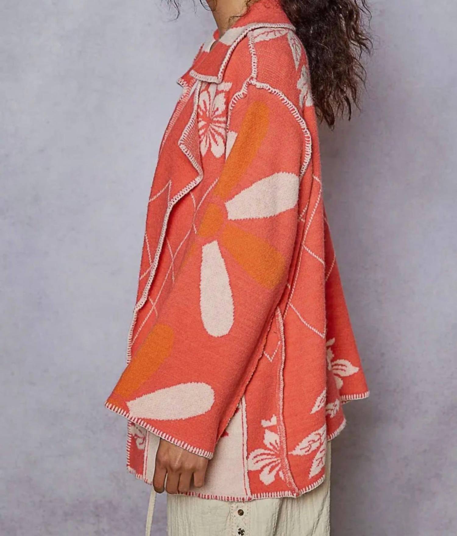 Pol - Stitch Detail Floral Collared Relaxed Fit Cardigan