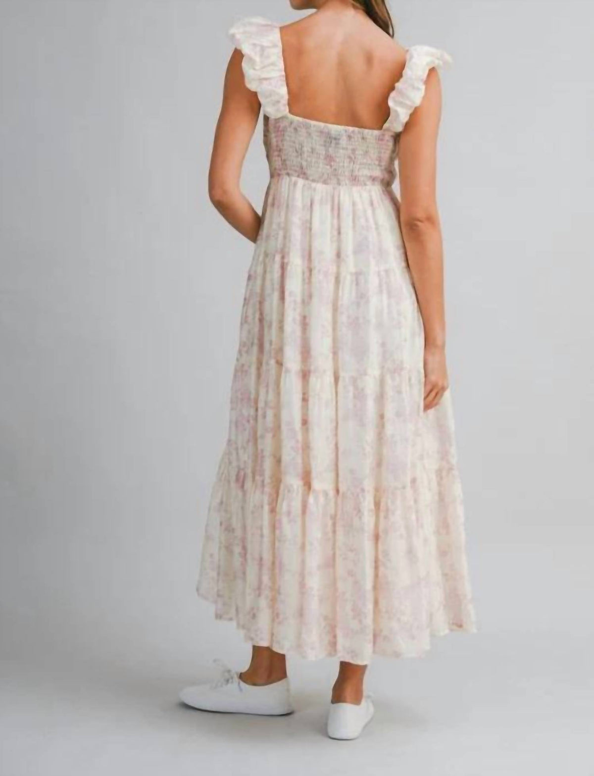 Mable - Floral Print Ruched Pleated Detail Midi Dress