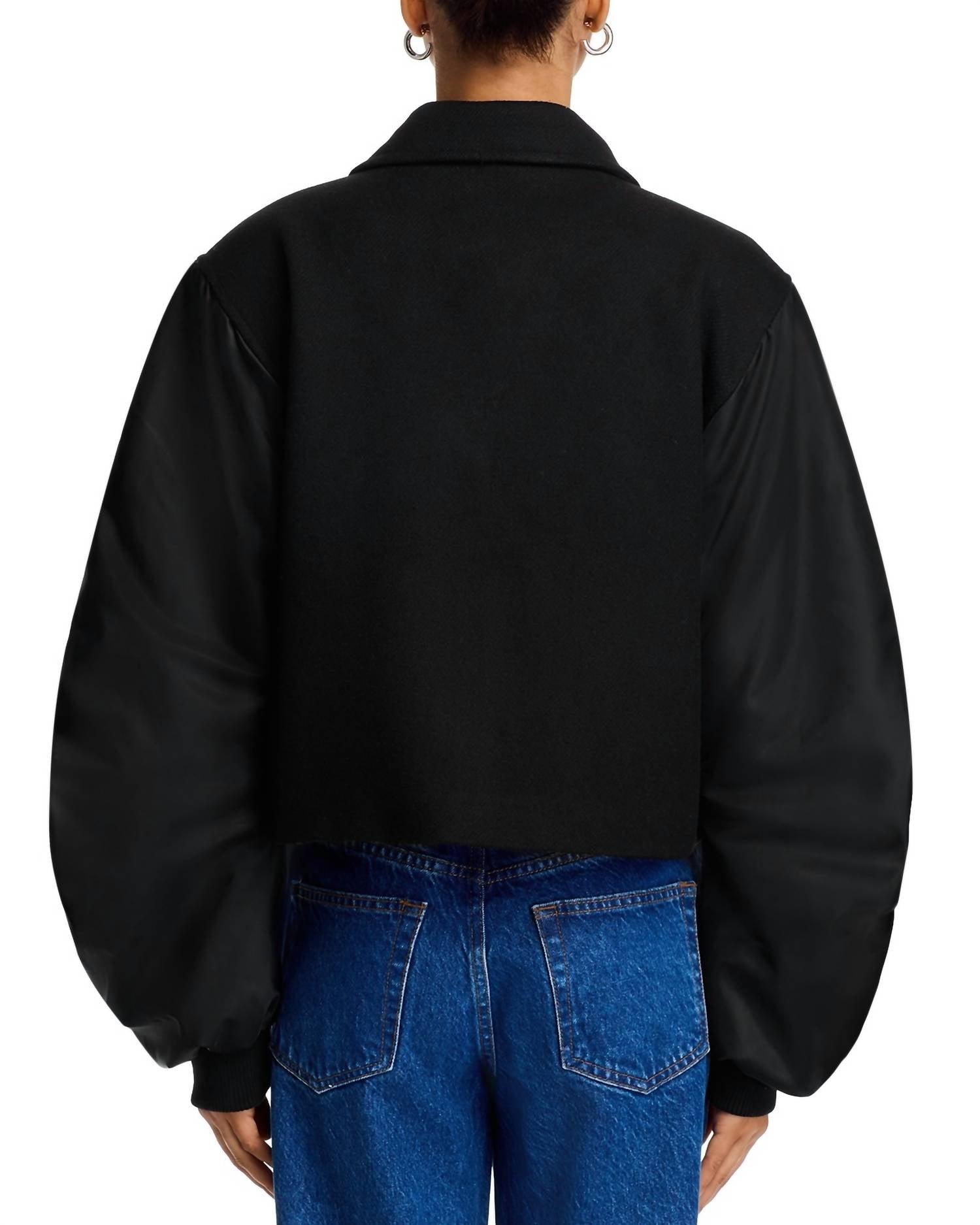 STEVE MADDEN Yvonne Satin Bomber Jacket in black - women's jacket - detail view