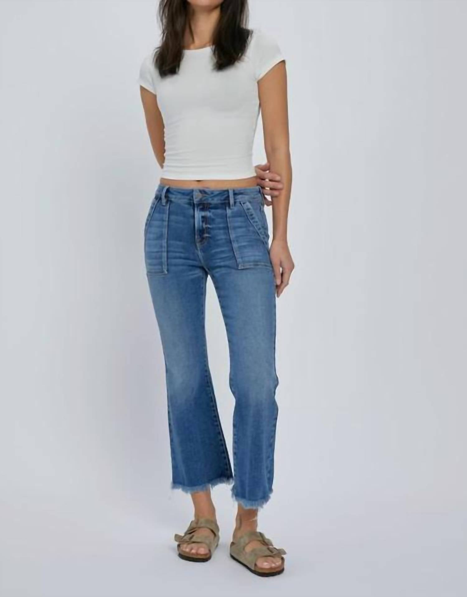 Hidden - Frayed Hem Cargo Crop Flare Jean