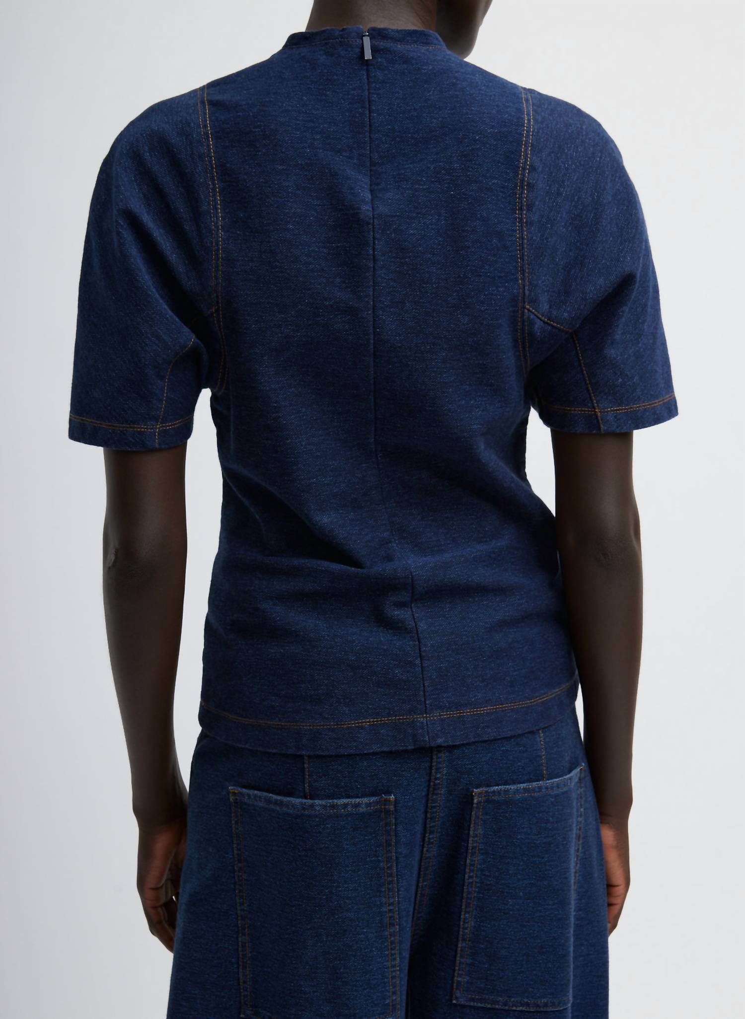 Tibi - Barre Denim Knit Scuplted Shrunken T-shirt