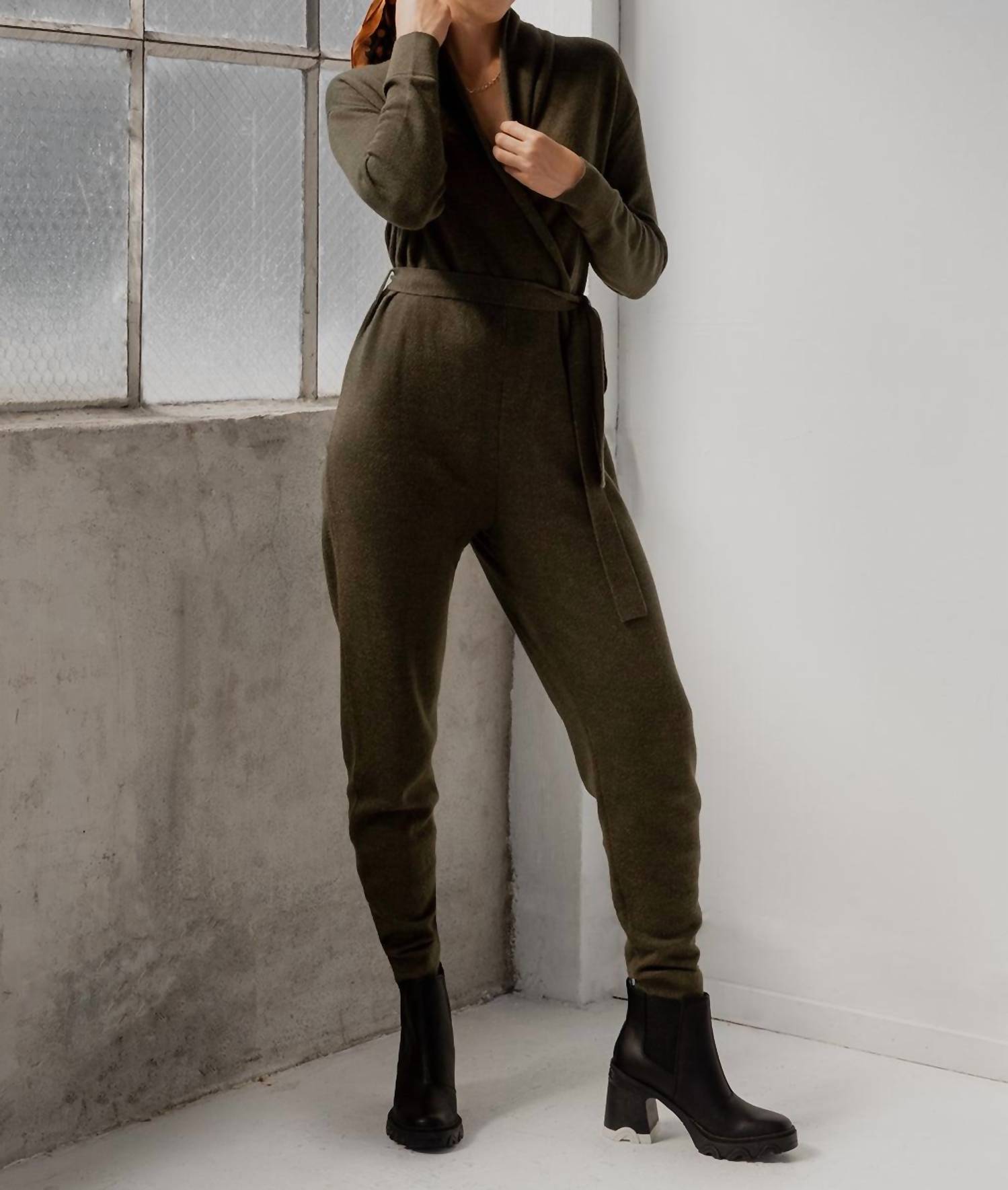 SSKEIN Wrap Neck Jumpsuit in hunter - women's pants