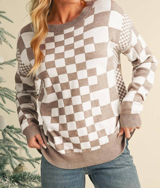 Shewin - Checkered Drop Shoulder Round Neck Sweater