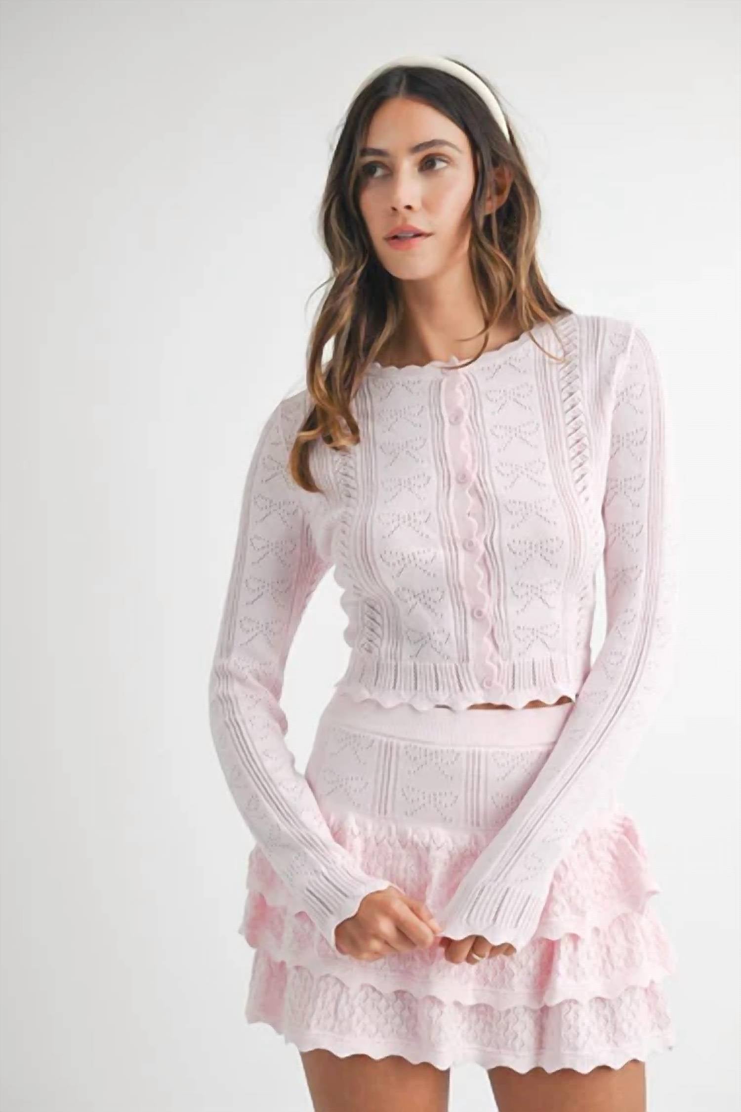 Mable - Bow Pointelle Cardigan And Skirt Set
