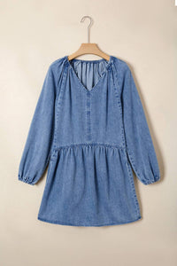 Pretty Bash - Women's Denim Puff Sleeve Tie V-neck Ruffle Dress