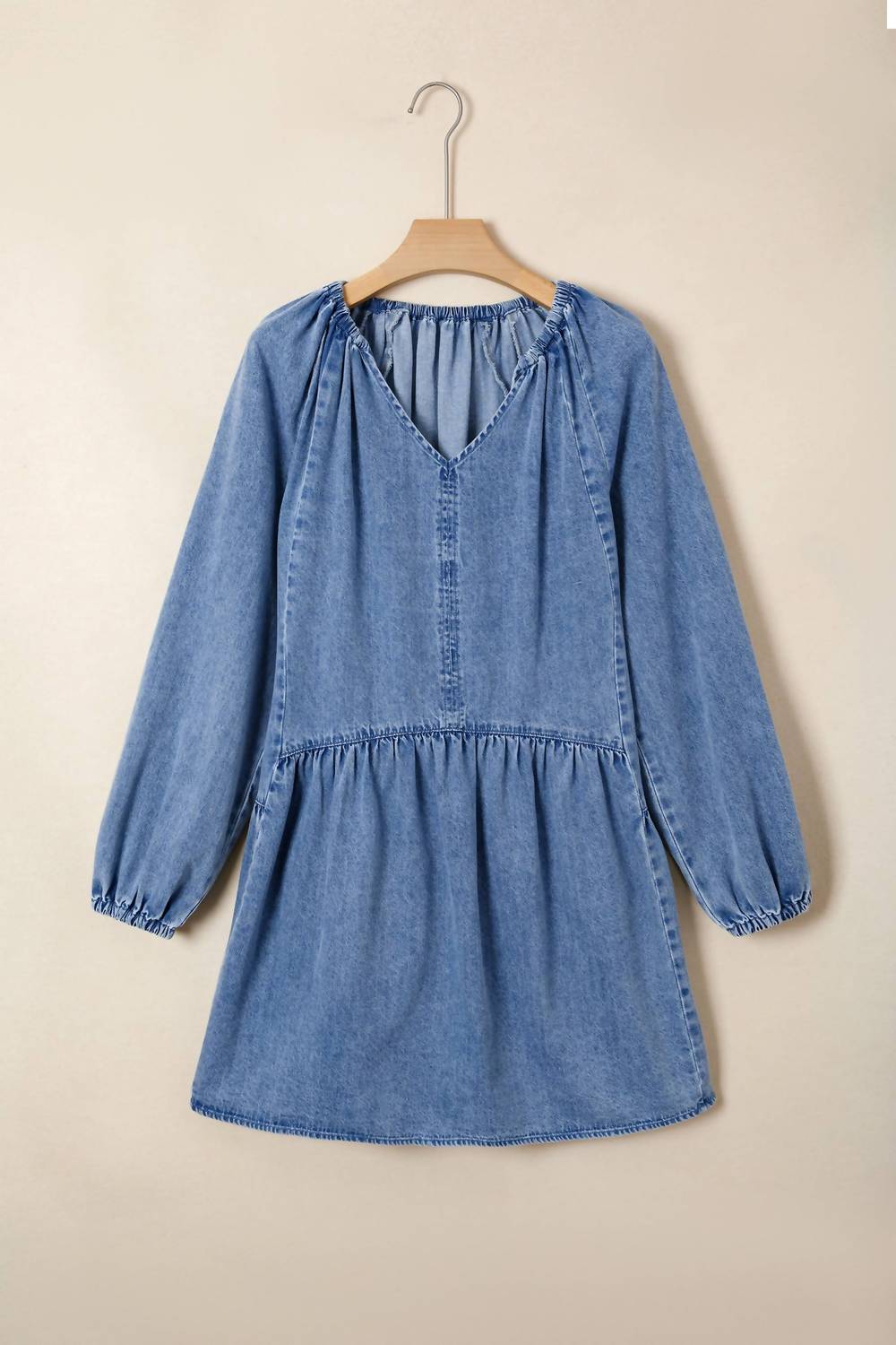 Pretty Bash - Women's Denim Puff Sleeve Tie V-neck Ruffle Dress