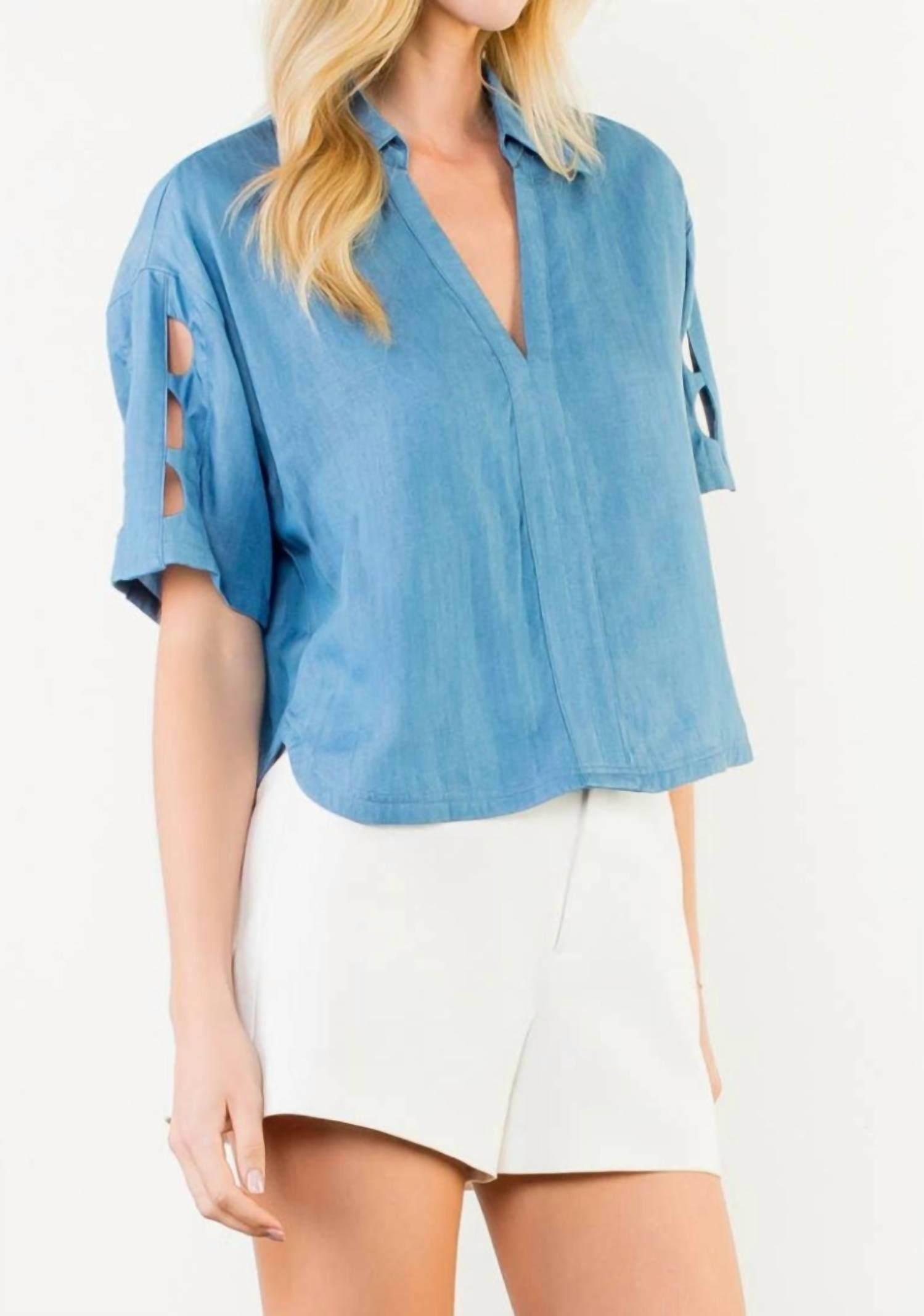 THML Women's Short Sleeve Cutout Tencel Top in blue - women's blouse - alternate view