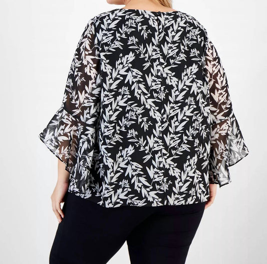 Kasper - Printed Crewneck Ruffle Sleeve Blouse - Plus