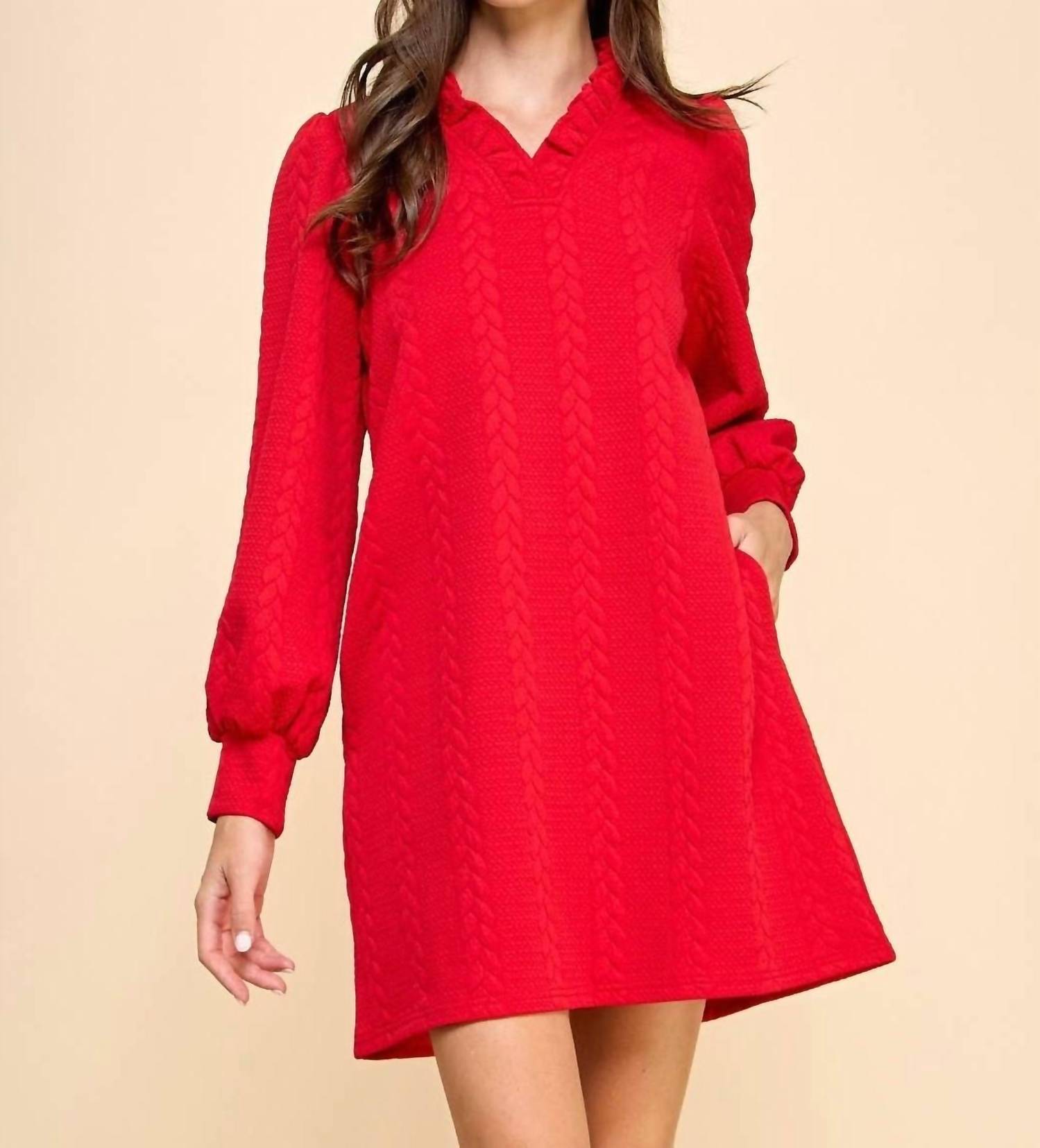 Veveret - Miley Twist Textured Knit Puff Long Sleeve Dress