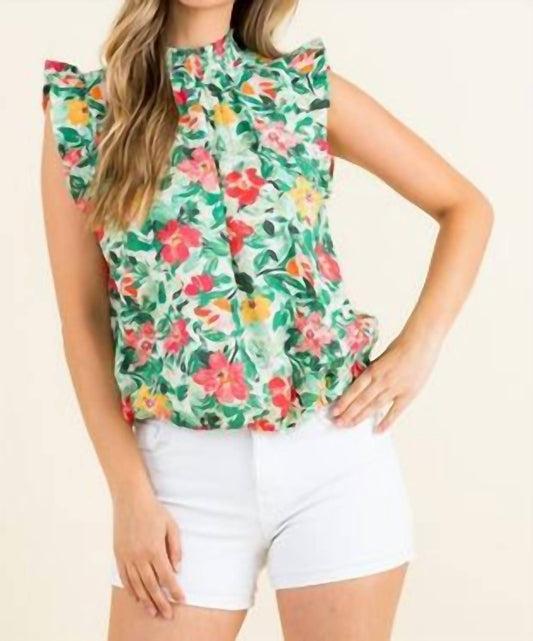 Smocked Neck Floral Print Top