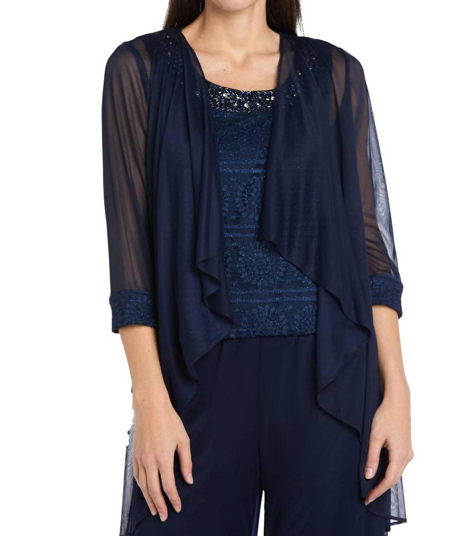 R&M Richards - Glitter Embroidered Pant Suit With Pearl Neckline