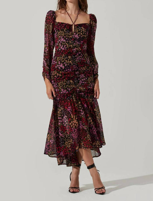 Athena Floral Ruched Long Sleeve Midi Dress