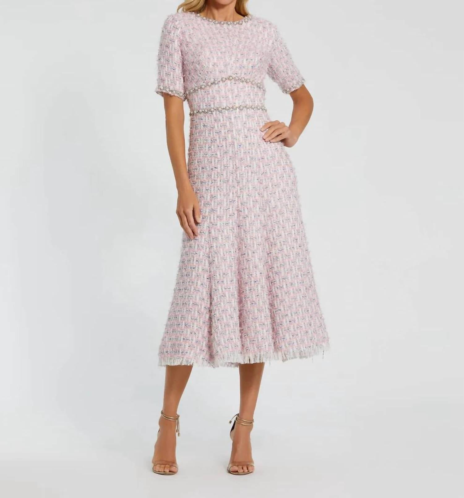 MAC DUGGAL Short Sleeve Beaded Trim Boucle Midi Dress in pink multi - women's dress