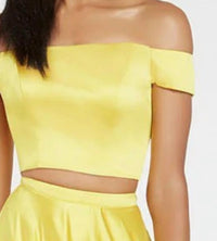 ALYCE PARIS Off The Shoulder Two Piece Satin Ball Gown in yellow - women's dress - detail view