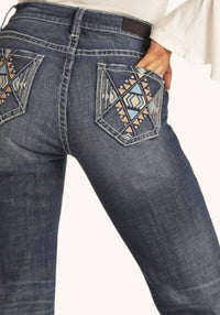 Rock & Roll Denim - Women's Mid Rise Stretch Leather Embroidered Bootcut Jeans