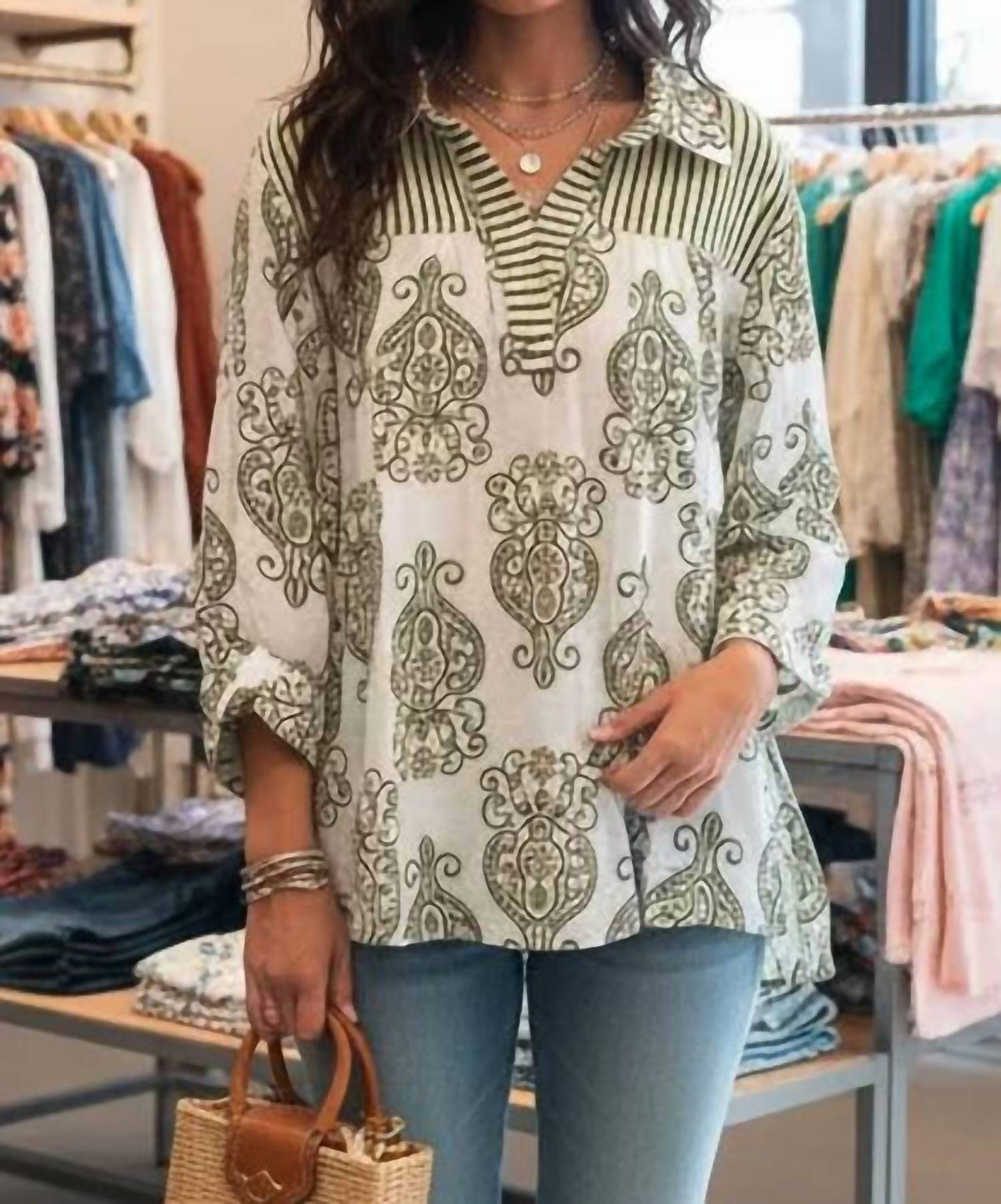 She + Sky - Long Sleeve Woven Print Collared Top
