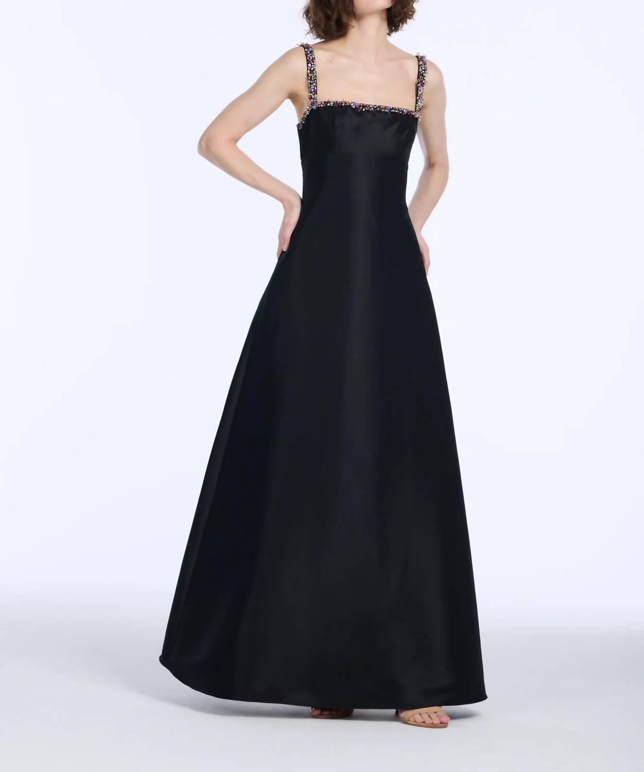 EMILY SHALANT Square Neck Bead Strap Duchess Twill Gown in black - women's dress - view 4