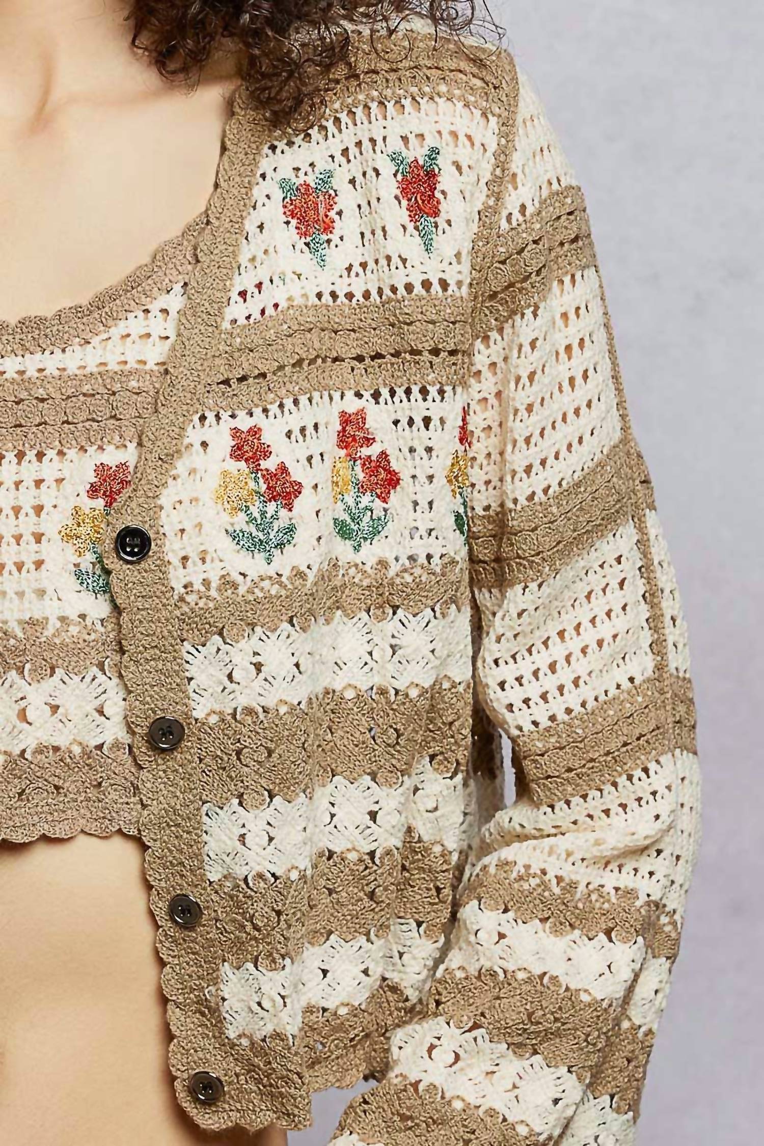 Pol - Sofia Floral Embroidery Crochet Striped Sweater