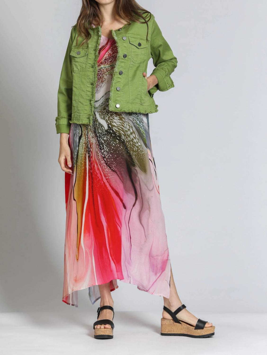 Apny - Collarless Jean Jacket With Frayed Detail