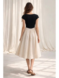 Moon River - Basque Waist Short Sleeve Mixed Media Dress