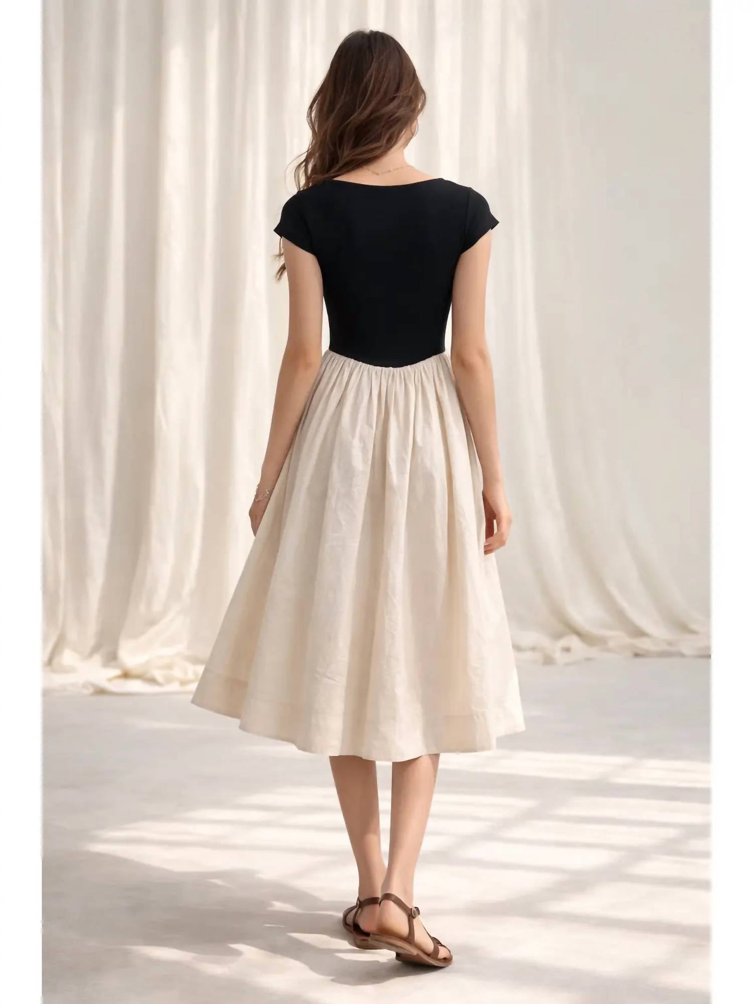 Moon River - Basque Waist Short Sleeve Mixed Media Dress