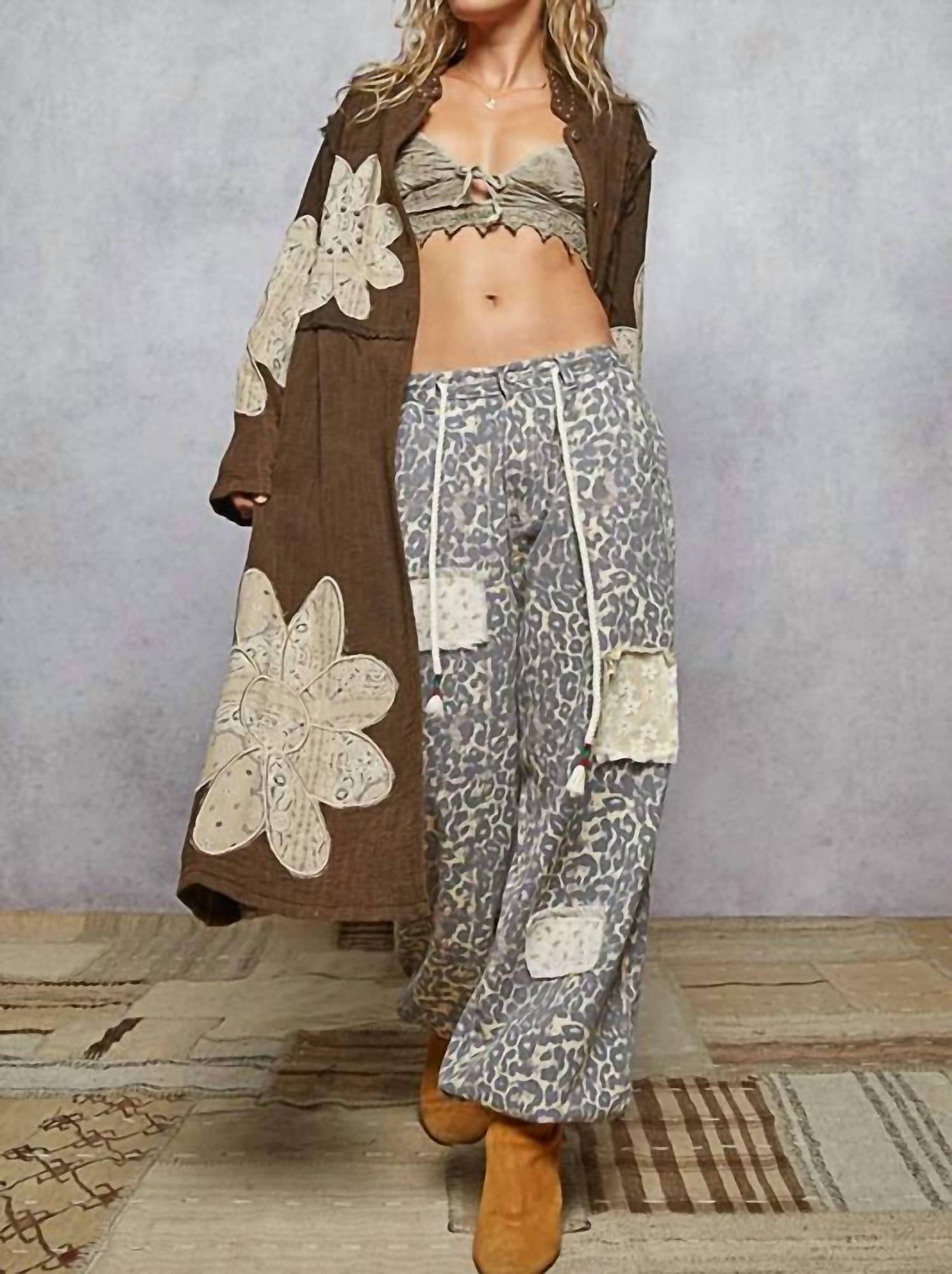 Pol - Gauze Floral Appliques Studded Long Jacket