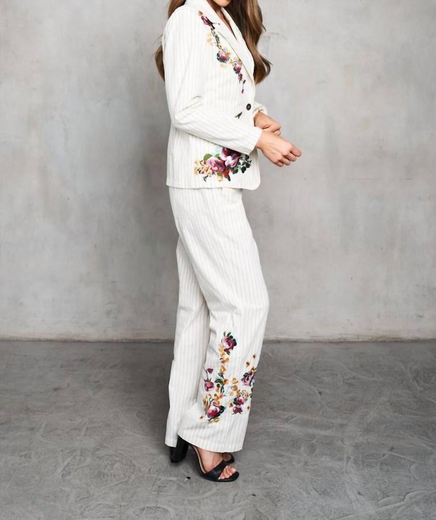 PAPARAZZI Woven Yarn Dyed Embroidered Pin Stripe Blazer in ivory - women's jacket - detail view