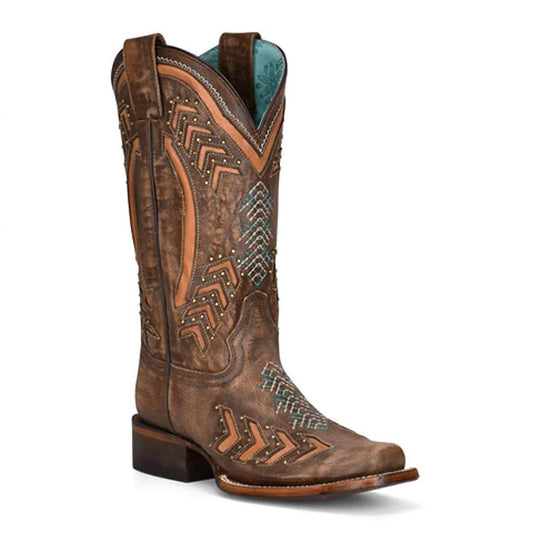 Corral - Women's Embroidery with Studs Square Toe Western Cowboy Boots