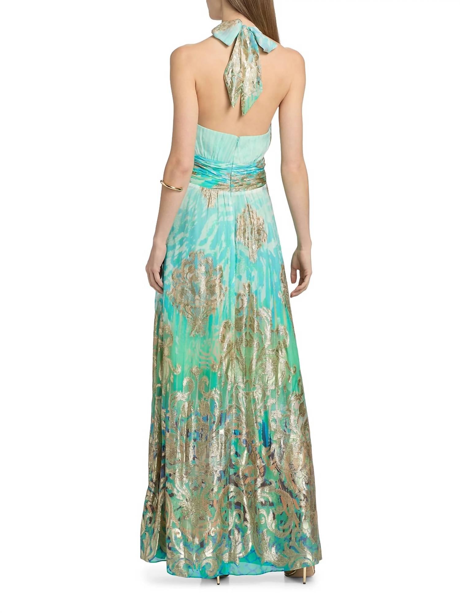 Ramy Brook Stephanie Jacquard Plunging Halter Gown in bright lime ombre - women's dress - alternate view