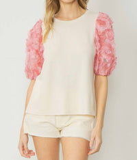 entro Floral Puff Sleeve Top in natural - women's t-shirt - detail view