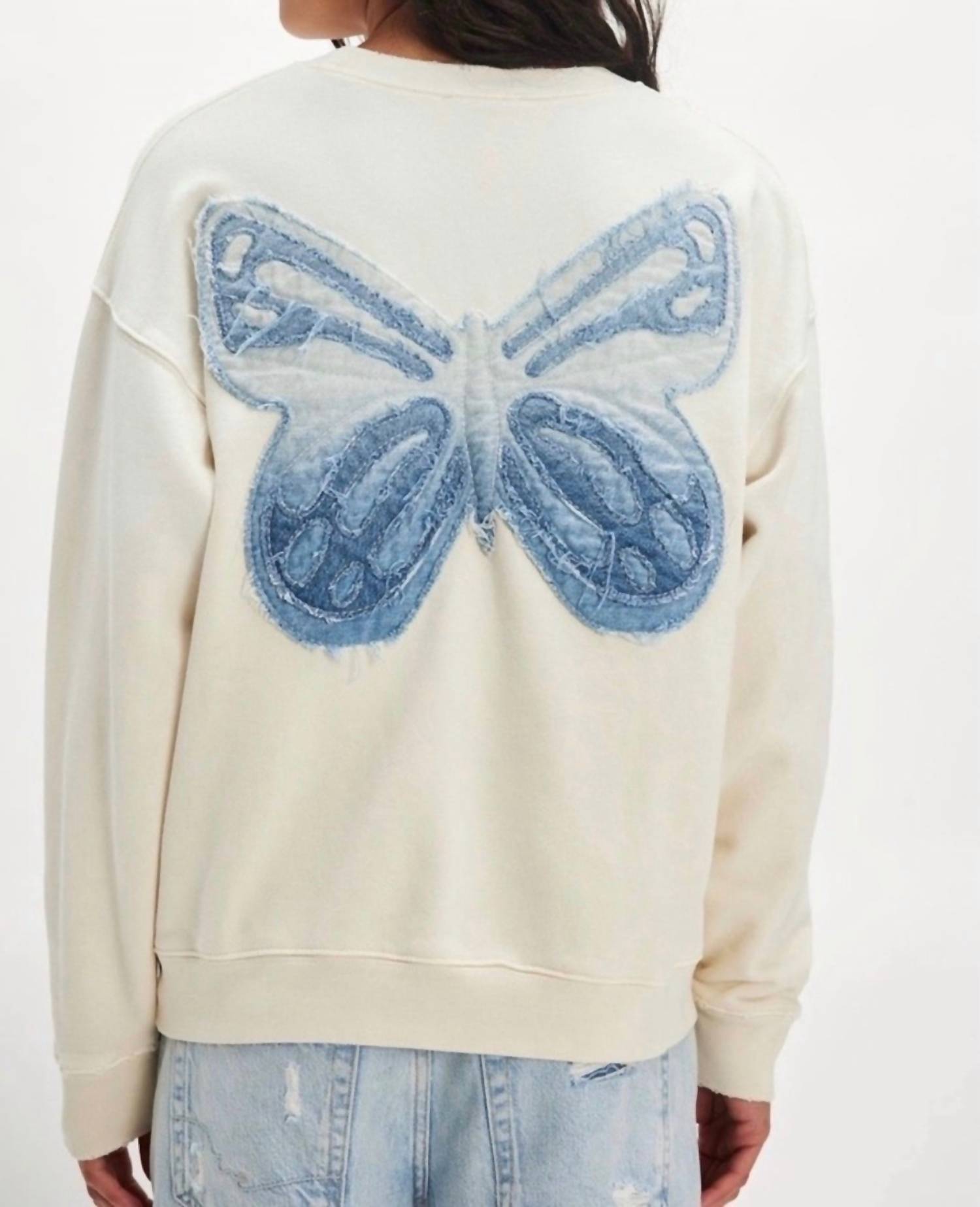 Free People Butterfly Patchwork Crewneck Sweatshirt in indigo ivovry - women's top - detail view