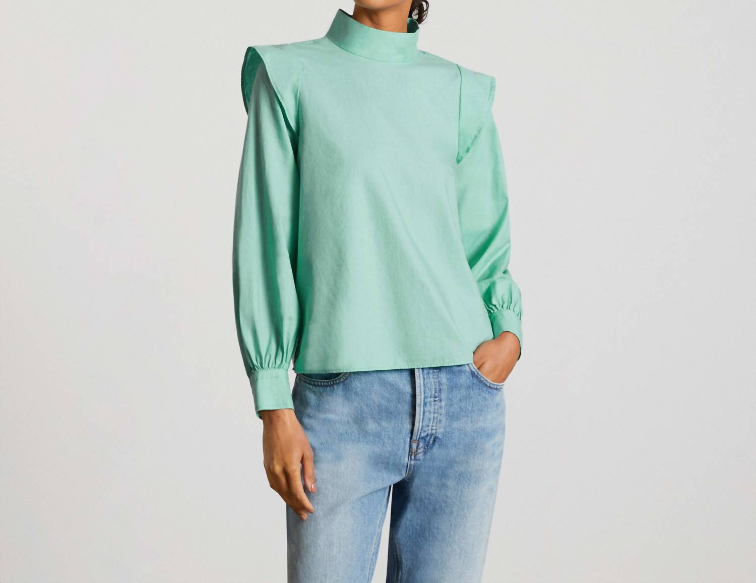 Everlane Wing Shoulder Mockneck Cotton Blouse in jade green - women's blouse