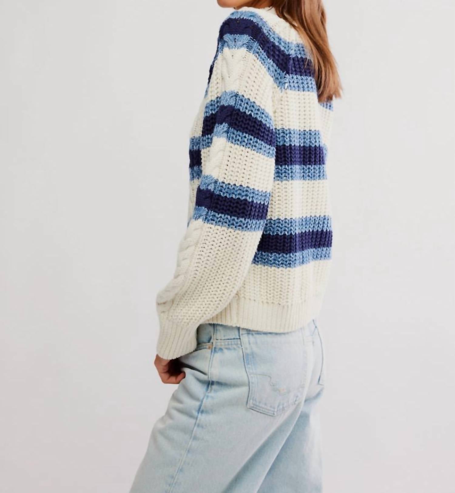 Free People Frankie Cable Striped Pullover in ivory combo 1 - women's sweater - detail view