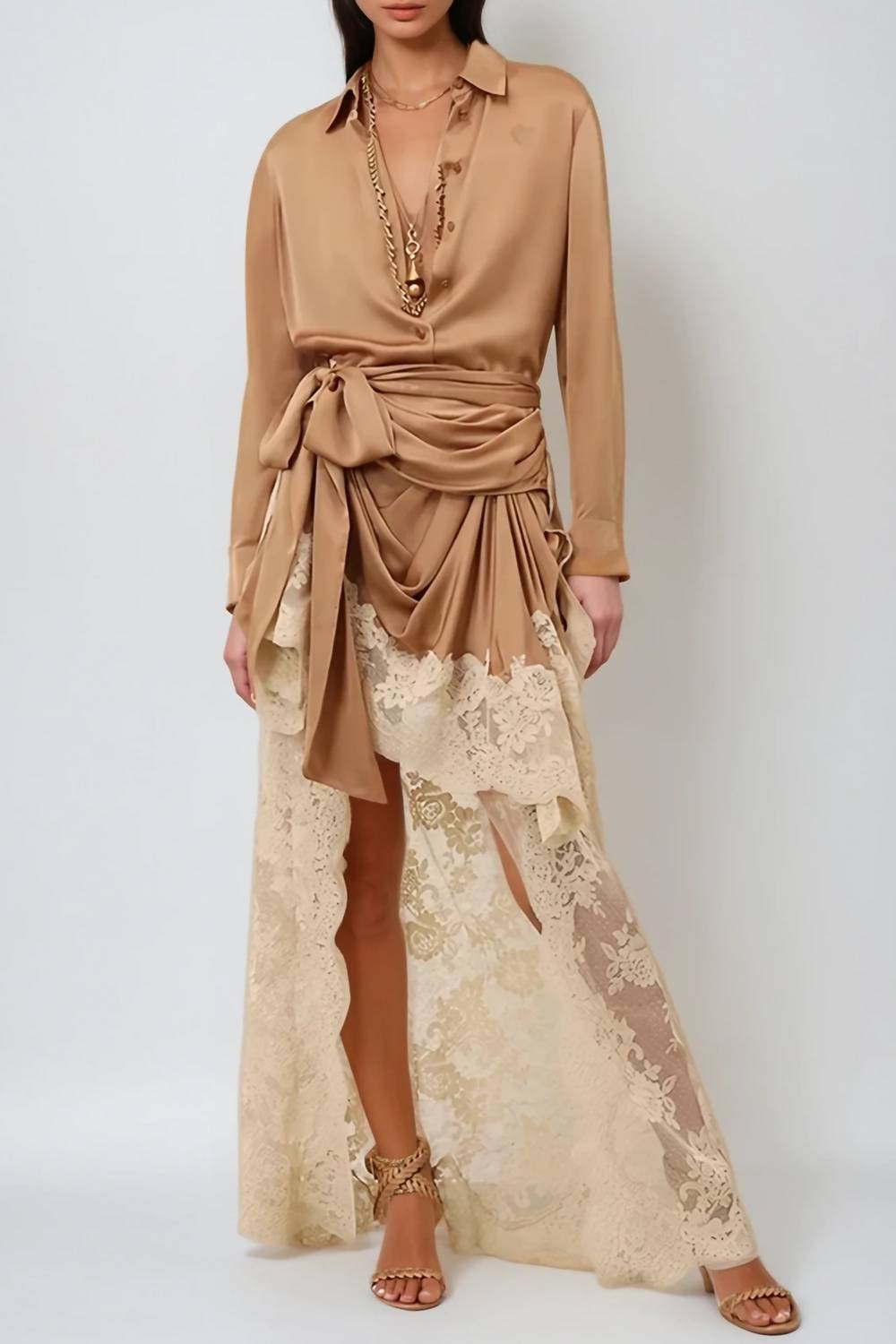 Relvoux - Women's Pascale Satin Floral Shirt And Skirt Set