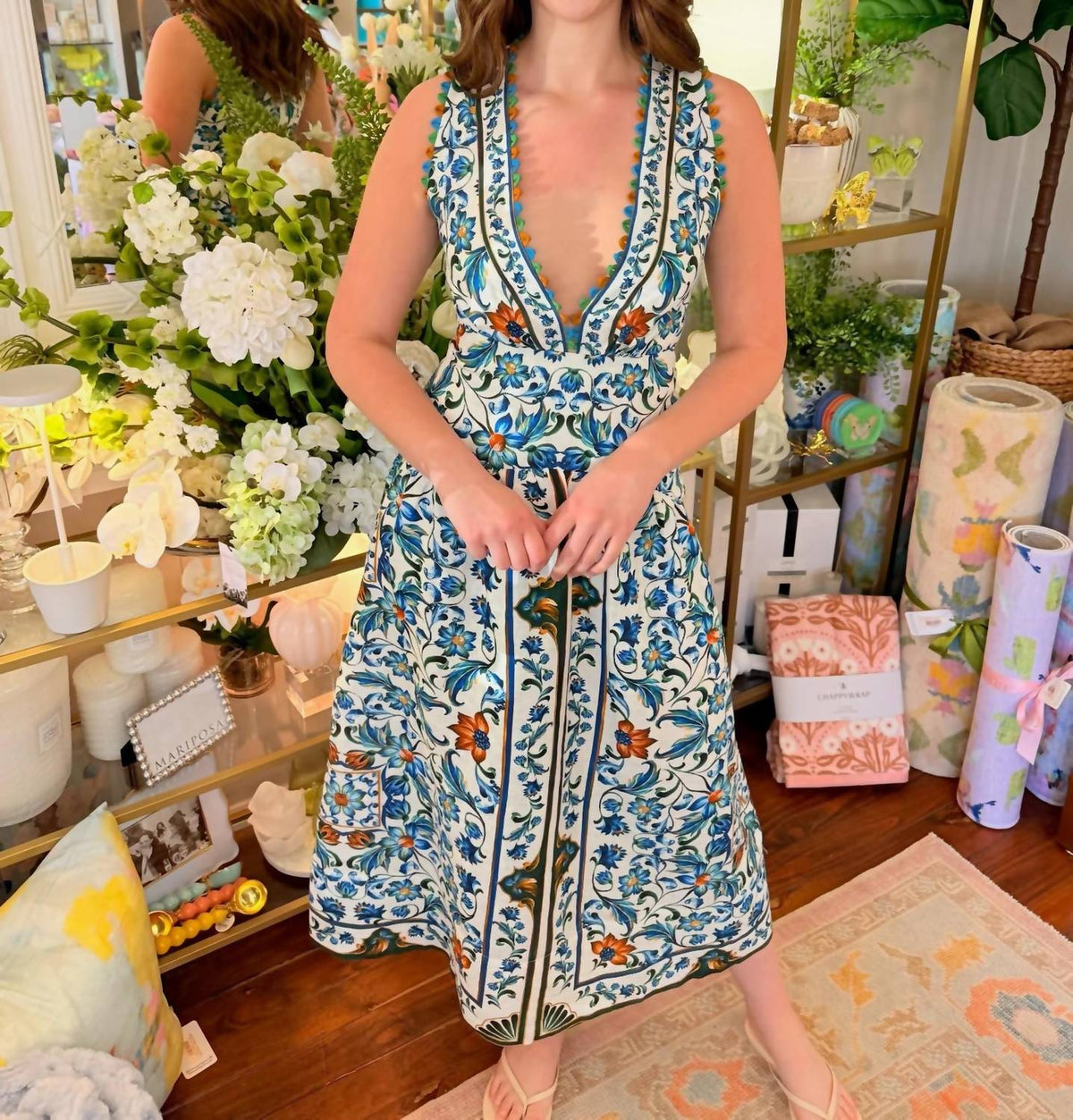 Farm Rio - Flora Tile Scallop Linen Maxi Dress