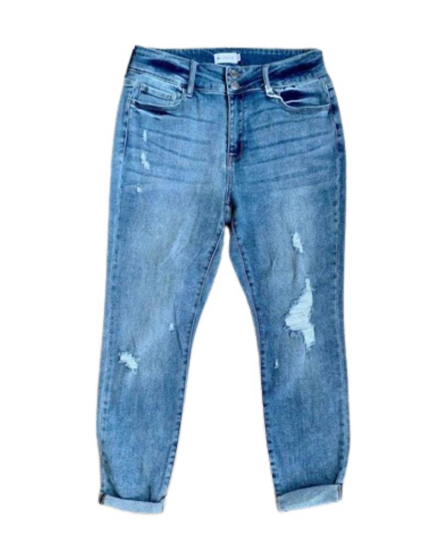 Cello - Mid Rise Distress Double Rolled Cuff Hem Crop Skinny Jeans