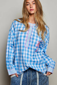 Pol - Graphic Palm Tree Embroidery Paid Blouse Top