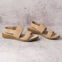 CHARLESTON SHOE CO. Women's Gladys Low Wedge Sandal in beige - women's shoe - detail view