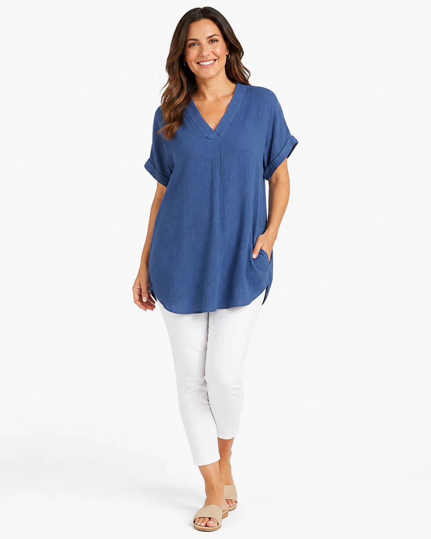 Apricot - Cotton Gauze Pocket Tunic Top