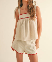 Miou Muse - Linen Tape Detailed Tie Sleeve Top