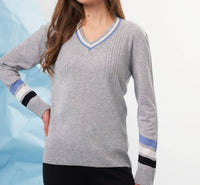 french kyss Color Block Sleeve V-neck Top in slate multi - women's long sleeve top - alternate view