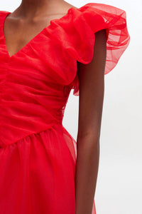 GANNI Textured Organza Long Ruched Dress in marsred - women's dress - alternate view