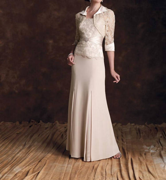 Montage By Mon Cheri - Silky Crepe Suit And Mock Strapless A-line Long Dress Set