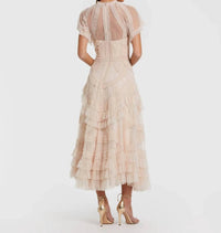 Mac Duggal - Flutter Sleeve Micro Ruffle Midi Dress