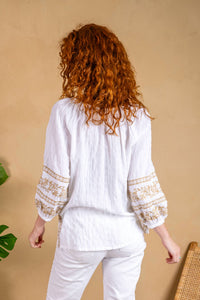 PAPARAZZI Textured Woven Embroidered Peasant Top in white - women's blouse - view 4