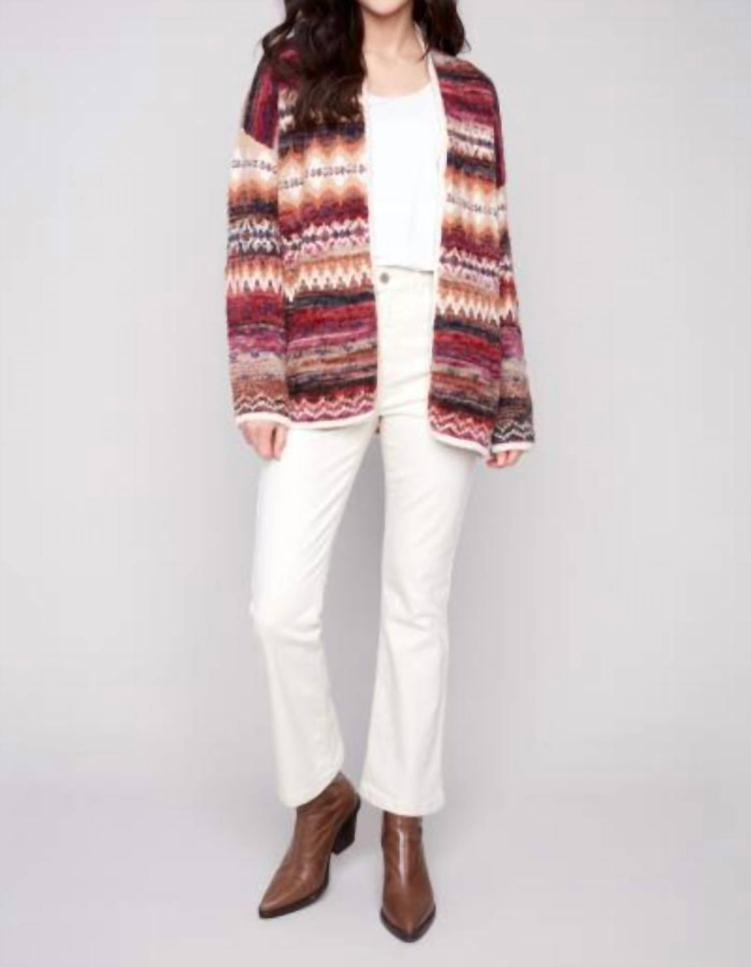 Charlie B - Long Jacquard Cardigan with Patch Pockets