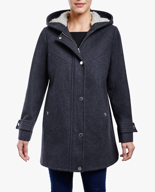 London Fog - Zip-front Sherpa Lined Hood 31 Inch Wool Jacket