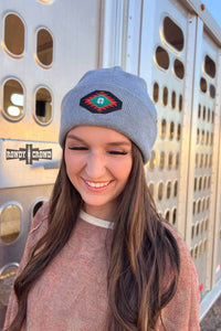 Rowdy Crowd Women's Alvarado Aztec Embroidered Beanie Hat in grey - women's hat - detail view